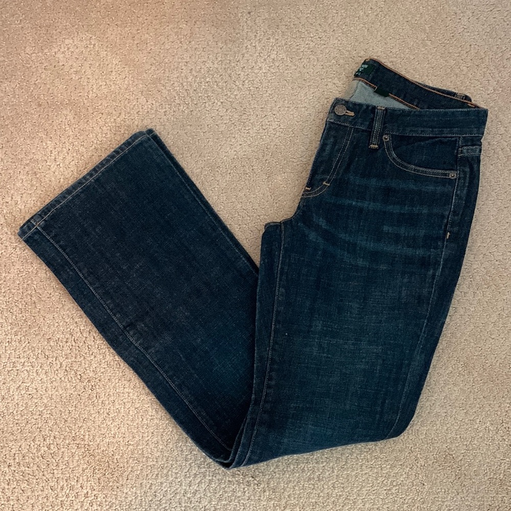 J Crew 29R x 32” Stretch Bootcut Dark Wash Jean EUC